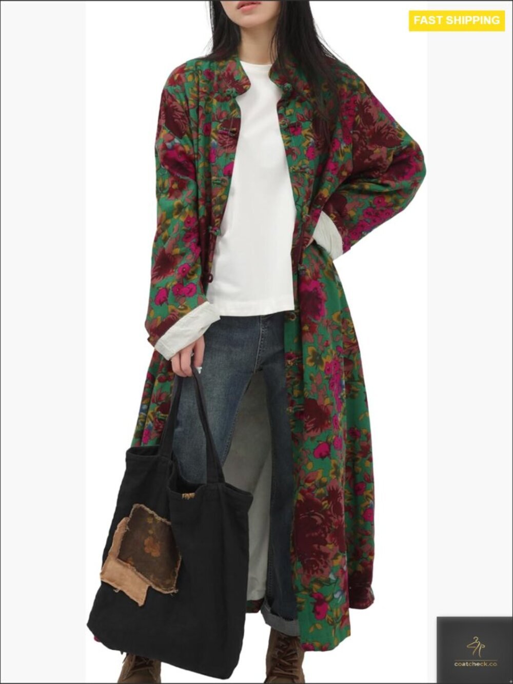 Linen Trench Coat Boho Jacket Floral Retro Vintage Style Cotton Lining